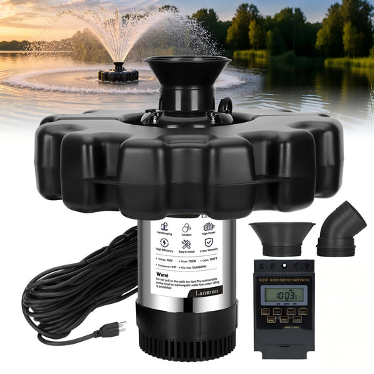 Pond Fountain Aerator, 1HP 110V 750W 15000 GPH Fountain Pump with Timer, Fully Automatic Lake Floating Fountain, 100 FT Power Cord, Pond Fountains for Small Large Ponds Lake