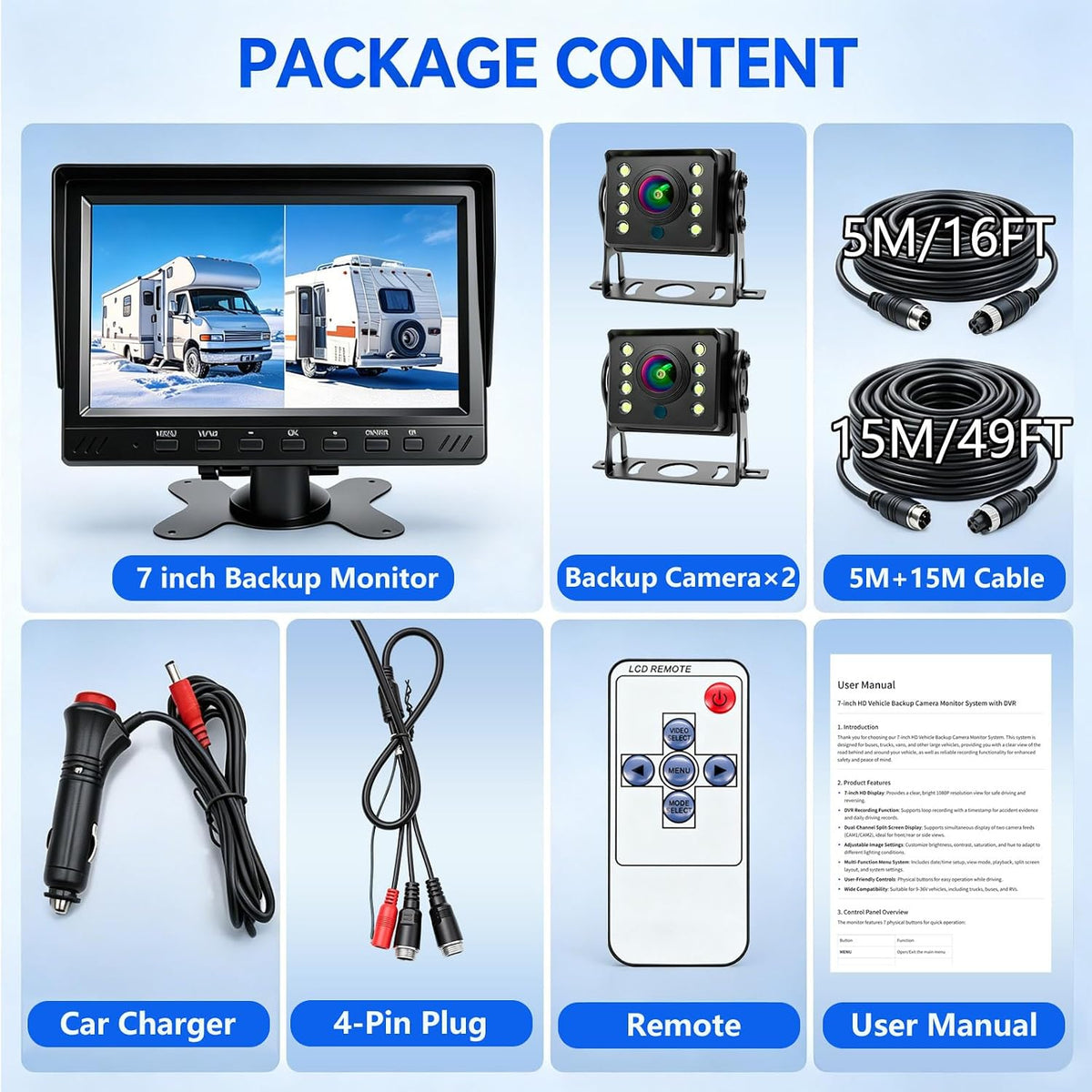 AHD 1080P Truck Camera 7" Monitor 2 LED Cameras DVR for Semi RV