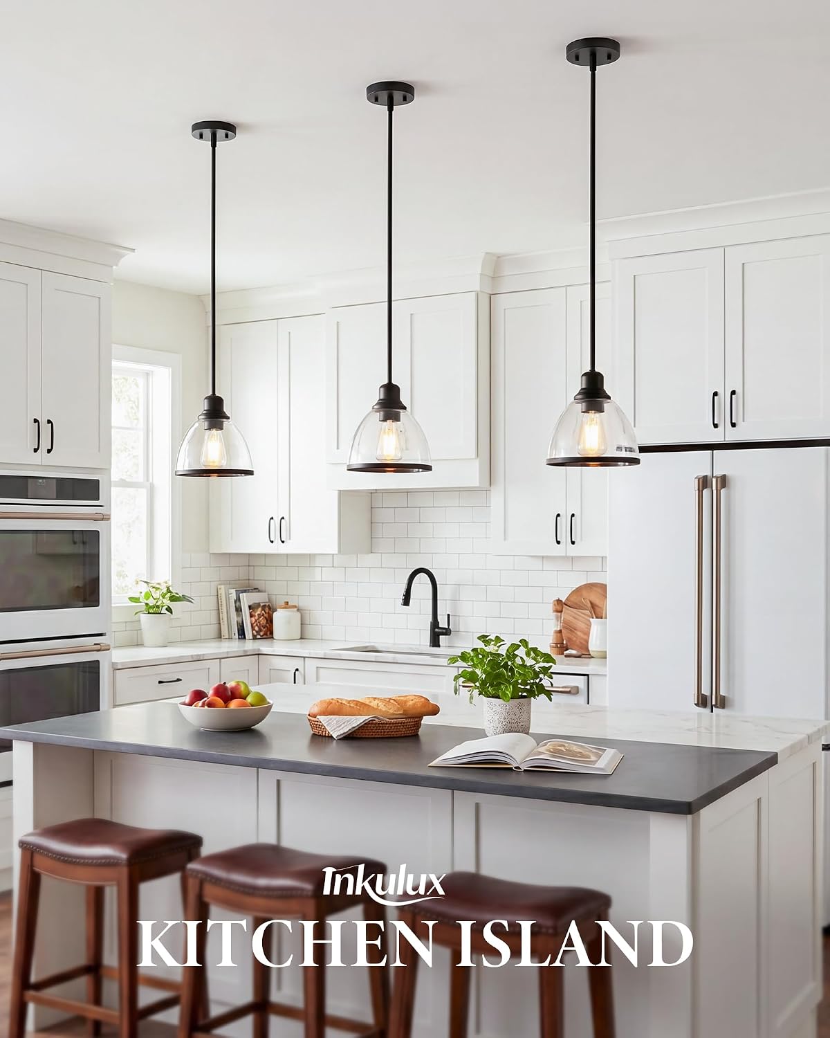 2 Pack Pendant Lights Kitchen Island, 8" Black Pendant Light with Clear Glass Shade, Farmhouse Hanging Light Fixture for Kitchen Island, Dining Room, Entryway, Hallway, IN-PL01-BK-2PK Matte Black 2