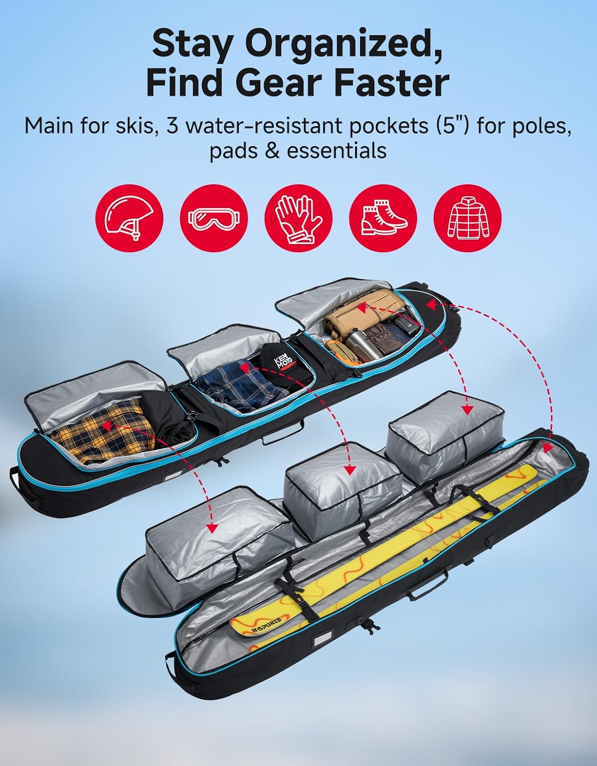 KEMIMOTO Padded Ski Bag with Wheels for Skis and Snowboards, Boot Bag Combo