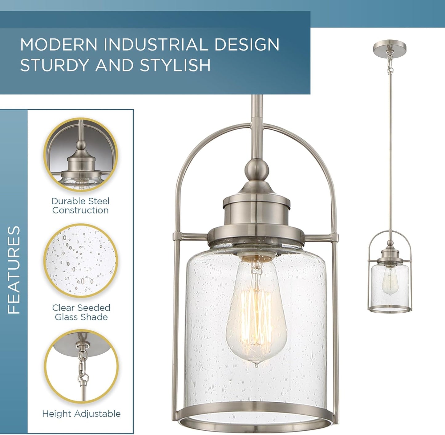 Quoizel Payson Mini Pendant Light, 7 Inch 1-Light Brushed Nickel, Clear Seeded Glass Pendant Light, Max Hanging Height 53", Ceiling Light for Kitchen Island, Dining, Hallway, Bar or Office