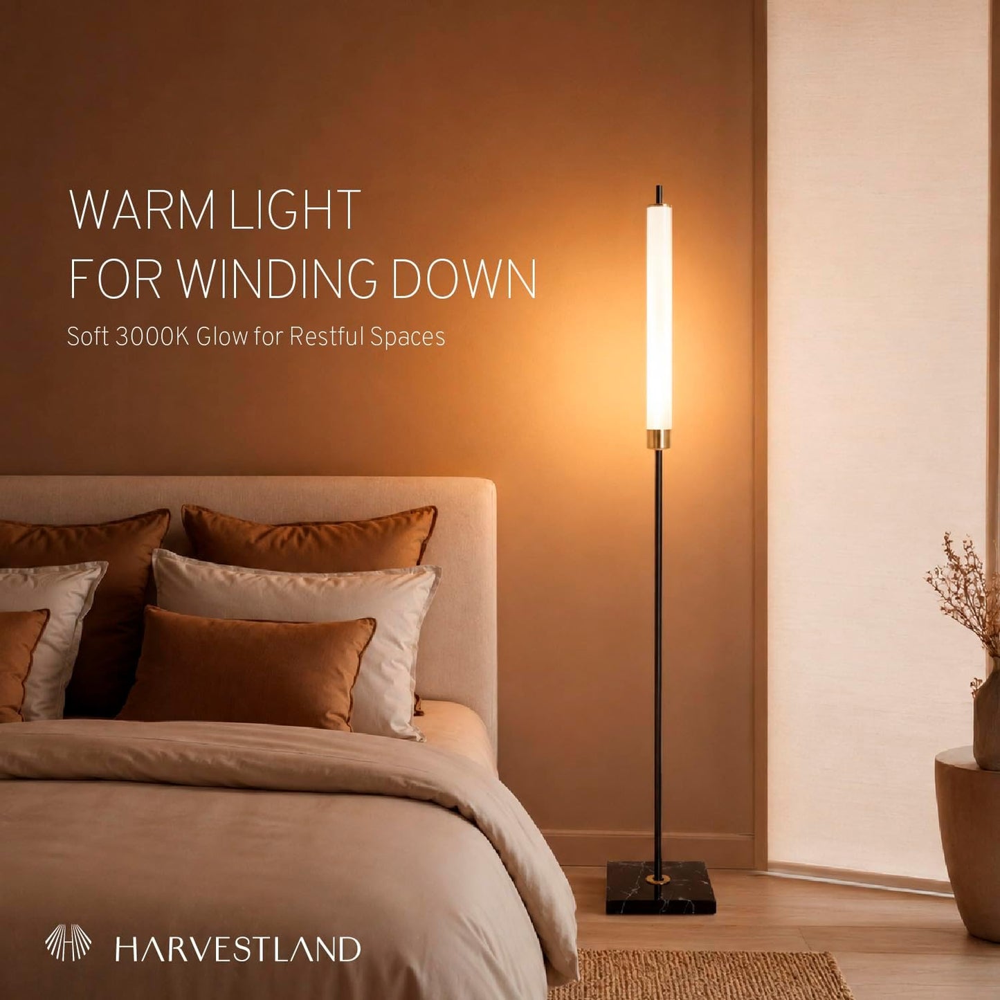 HarvestLand floor lamp, 56" LED standing light 16W 3000K Modern Marble Lamp with 50,000-Hour LED, Black & Brass standing lamp, minimalist lights for bedroom, living room lighting, Office Corner,1 Pack