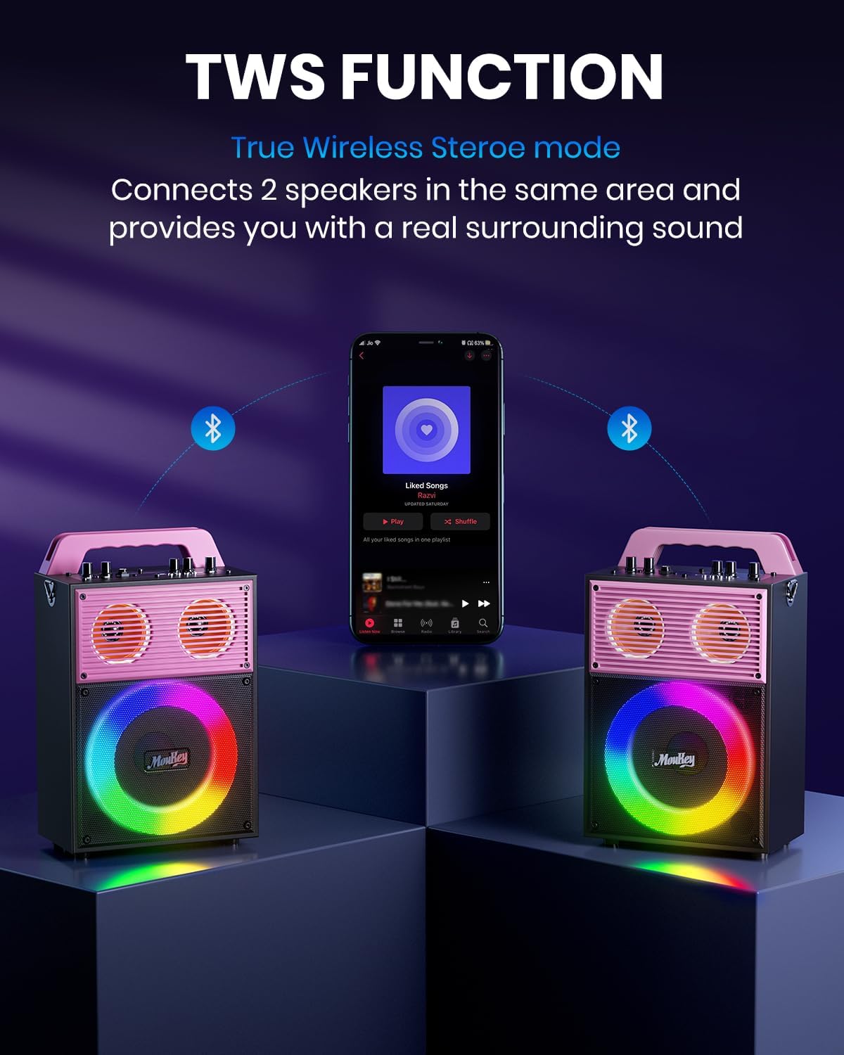 Moukey Karaoke Machine for Adults Kids Portable PA System Bluetooth Karaoke Speaker with 2 Wireless Microphones Party Speaker with Disco Light