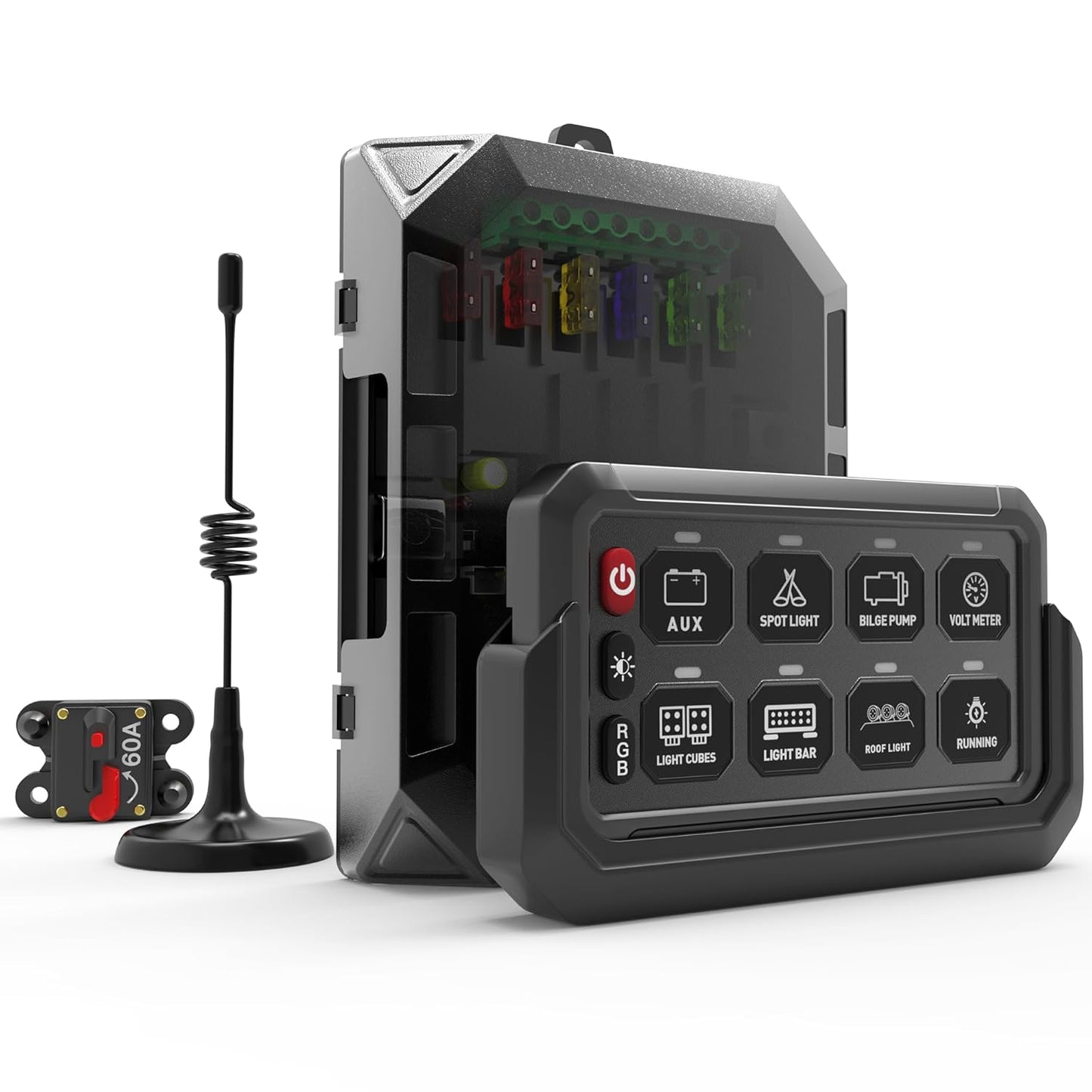 Wireless RGB 8 Gang Switch Panel, Marine Switch Panel Box, Remote Control Range Up to 600FT Multifunction Offroad Light