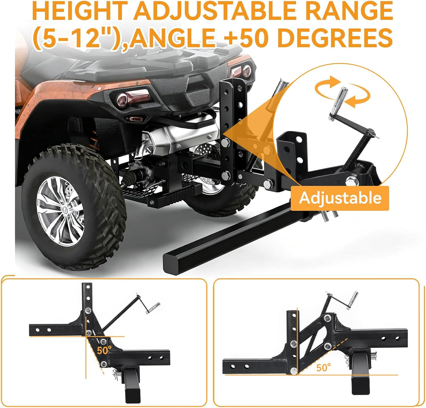 ATV/UTV Manual Implement Lift, 50 Inch ATV Attachments 1-Point Hitch System for 2 Inch Receiver, Adjustable Height Heavy Duty Steel Lift for Rake Scrape Blade Plow and Disc
