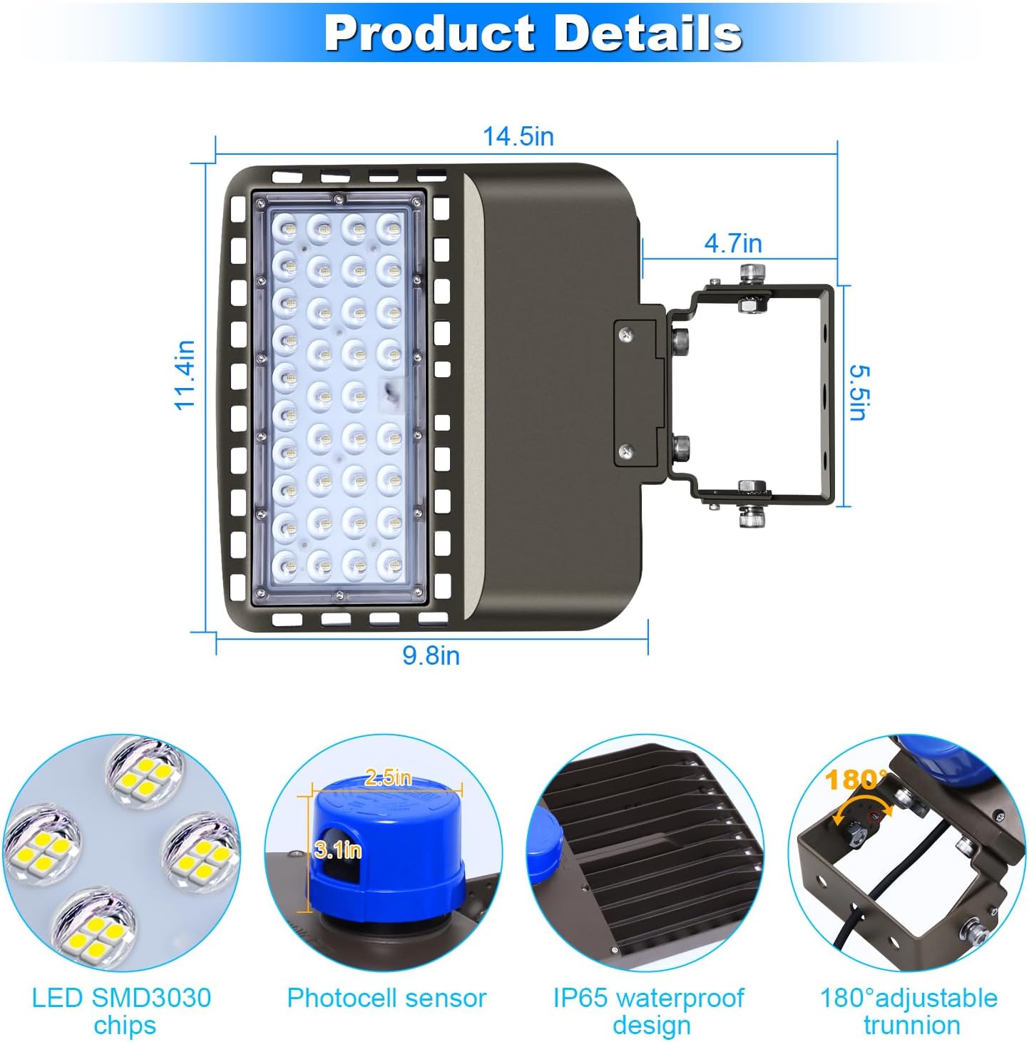 LED Parking lot Light Trunnion Dusk to Dawn 150W LED Flood Lights 21000lm Outdoor Wall Mount Security Commercial 85-277V IP65 Waterproof 5500K