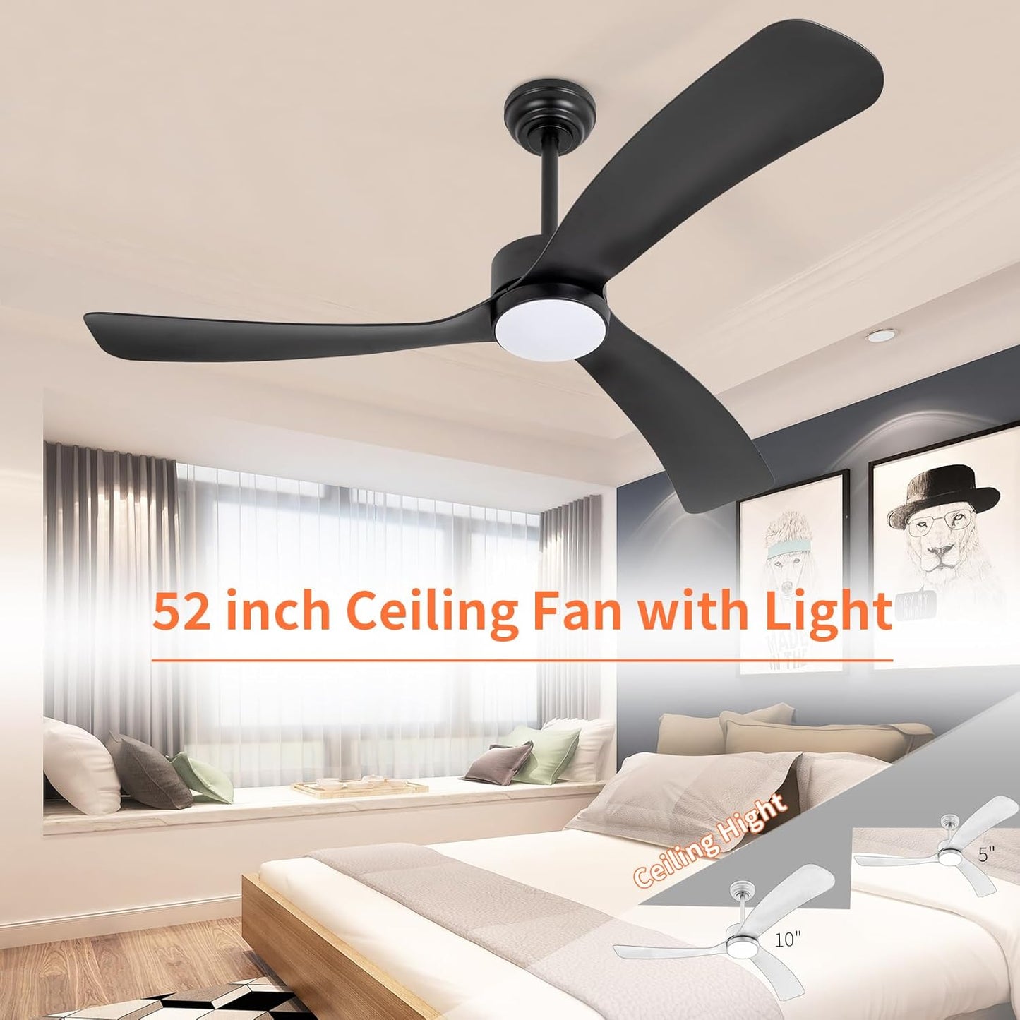 revoici Black Ceiling Fan with Light Remote 52in 6Speed Silent Reversible Motor 3CCT Dimmable LED Height Adjustable Timer Memory Function Modern