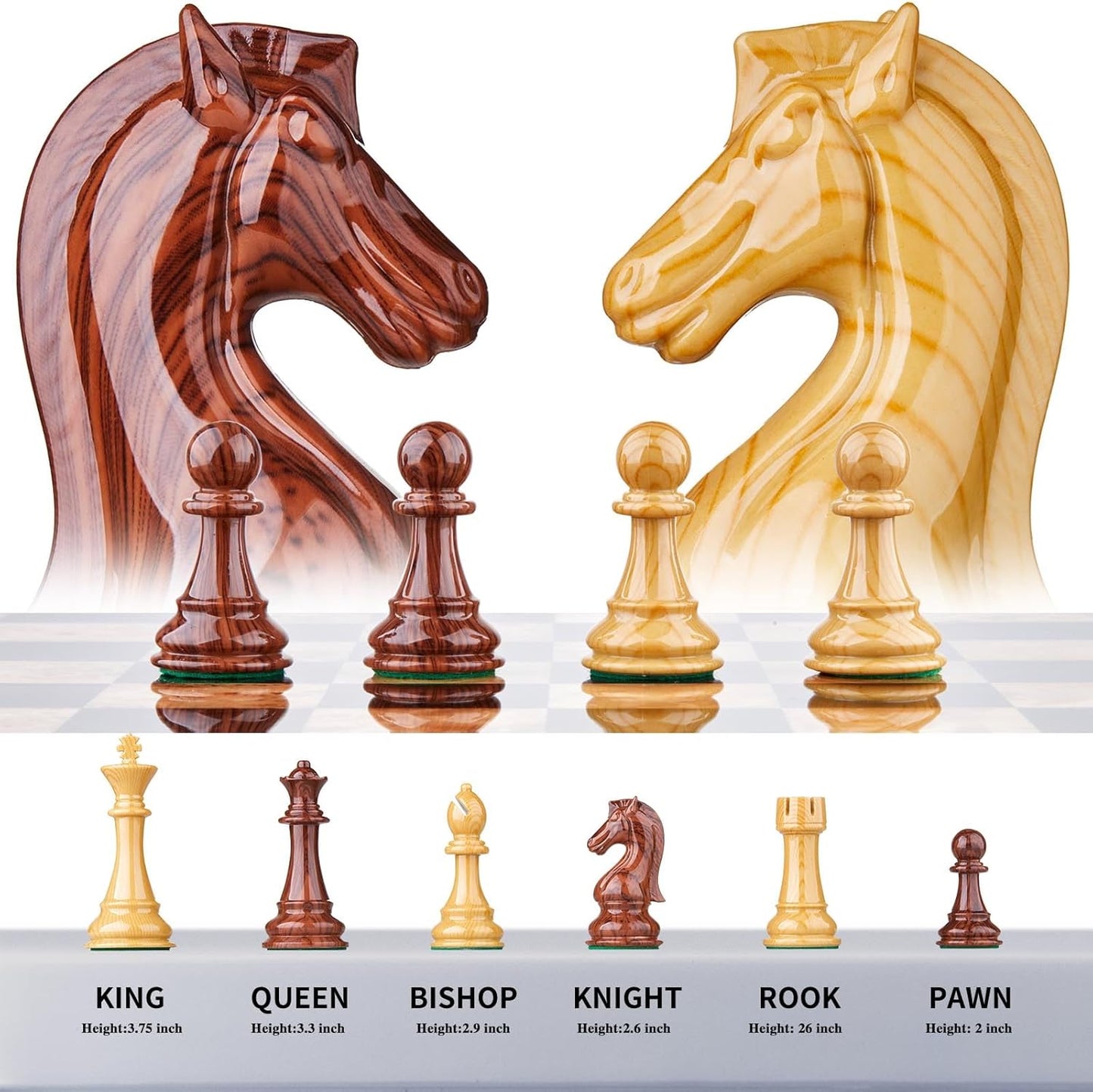 17 inches Wooden Chess Set with High Polymer Weighted Chess Pieces / 2 Built-in Storage Drawers / 2 Extra Que