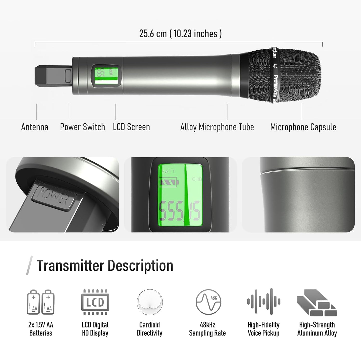 Dual Channel UHF Metal Wireless Mic System with Two Wireless Handheld Dynamic Microphones, 2100 Adjustable Freq