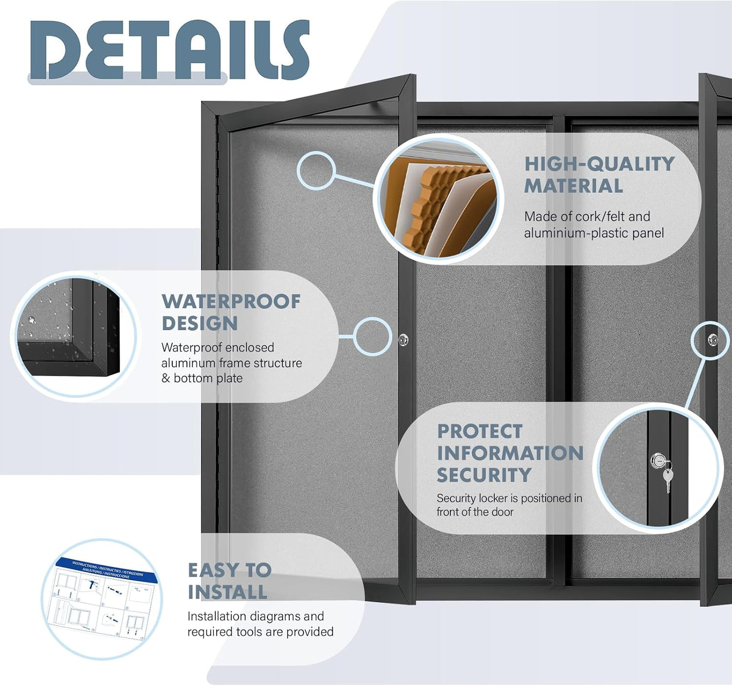 43x31 in Outdoor Bulletin Board Wall Display Case, Grey Felt | Weatherproof, Enclosed, Shatterproof, with Locking Door, Black Alu Frame, Notice Board for Office School Community Store Black-grey Felt 43" x 31"