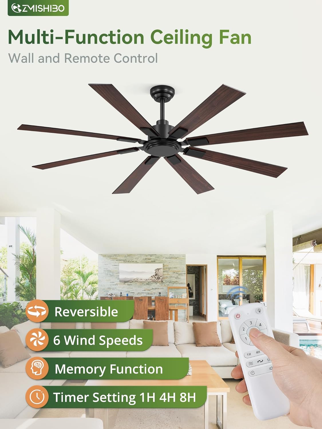 ZMISHIBO 65 Inch Outdoor Ceiling Fans No Light with Remote, Damp-Rated Black Modern Ceiling Fan Without Light, 6-Speed Reversible DC Motor, Humidity-Resistant 8 Blades for Patio Porch Gazebo Garage Black 65 Inch