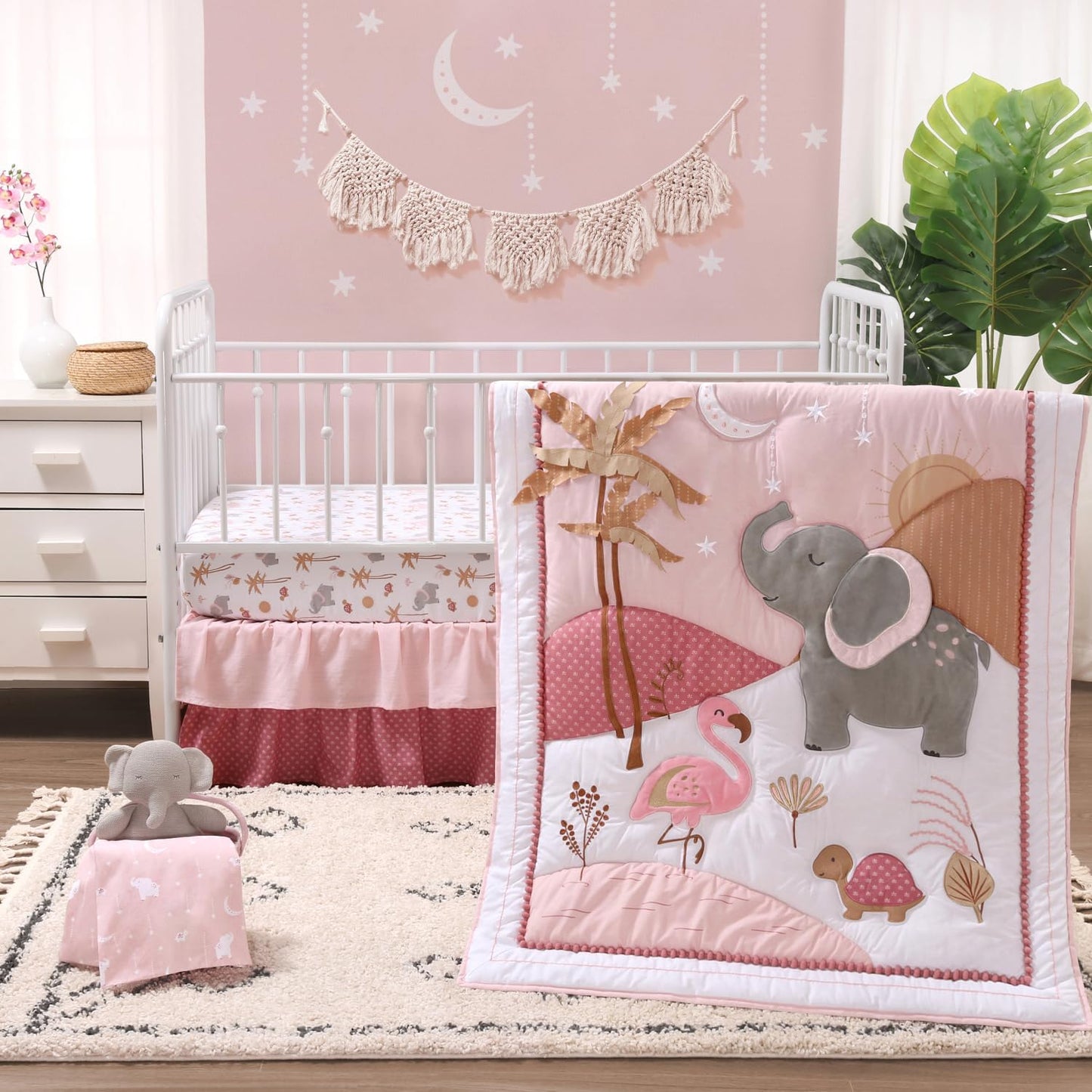 The Peanutshell Safari Crib Bedding Set for Girls, 4pc Organic Cotton Crib Comforter Set, Jungle Elephant Nursery Decor, Pink, Grey, White, Tan