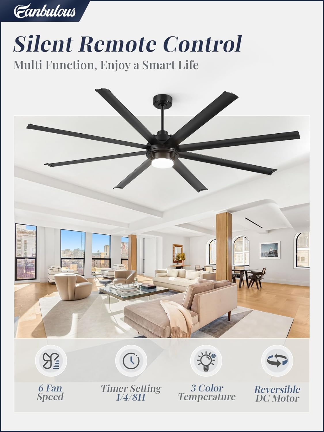 Fanbulous 84 inch Large Ceiling Fan Outdoor Industrial Ceiling Fan with Light and Remote, 6-Speed, 3CCT, 8 Aluminum Blades, Modern Black Big Assed