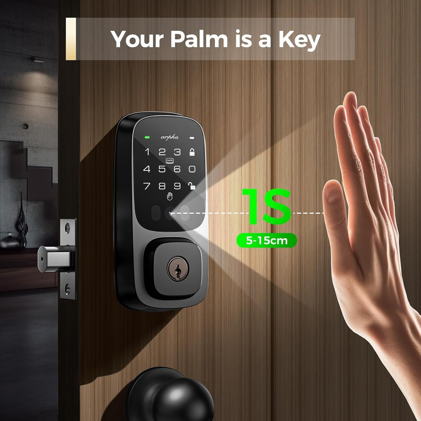 ARPHA Palm Recognition Keyless Entry Door Lock with Handle, WiFi Smart Lock for Front Door, Palm Recognition Front Door Lock Set, Built-in Wi-Fi