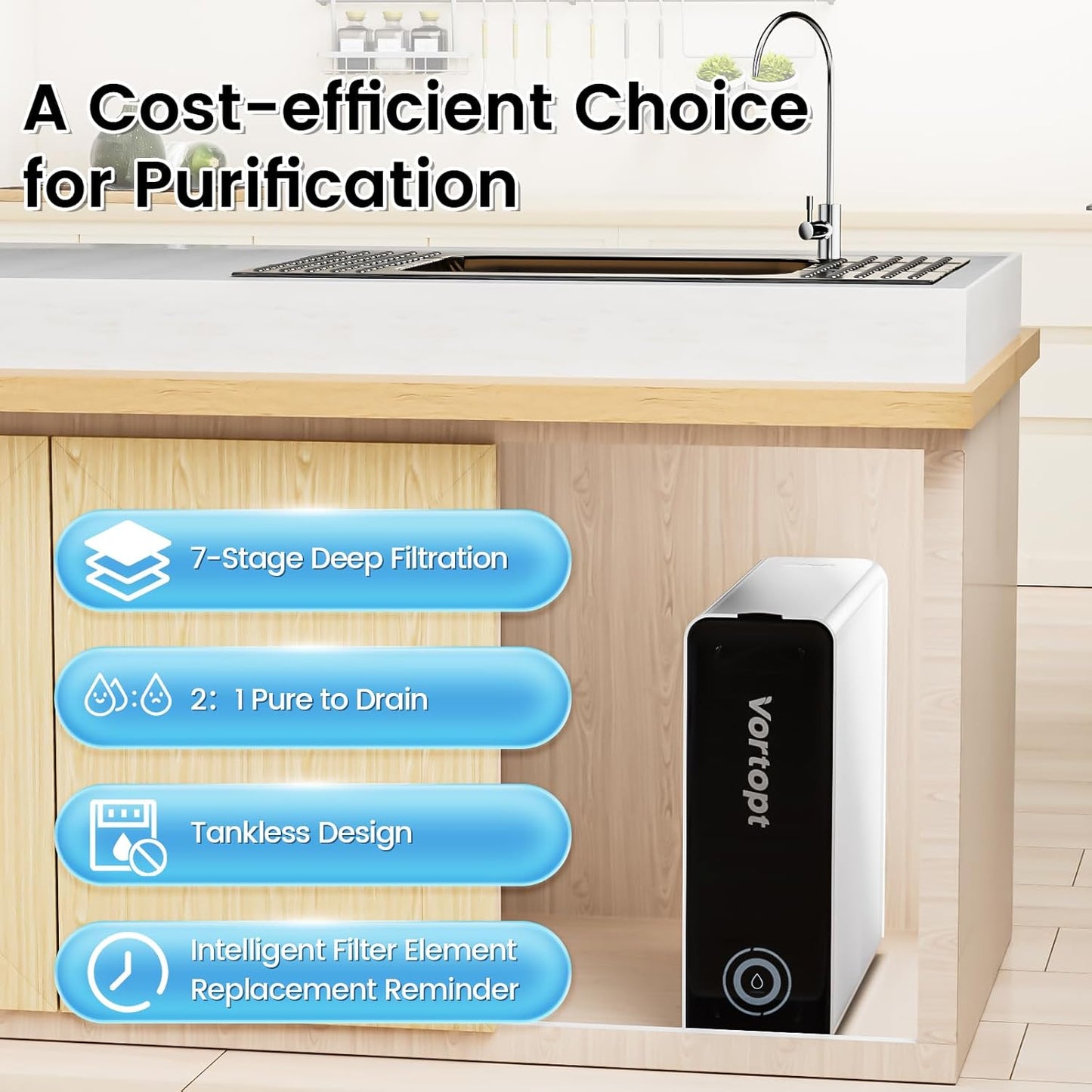 Reverse Osmosis Water Filter System - 600GPD Under Sink Water Purifier - Tankless with Alkaline, 0.0001m Purification for Drinking