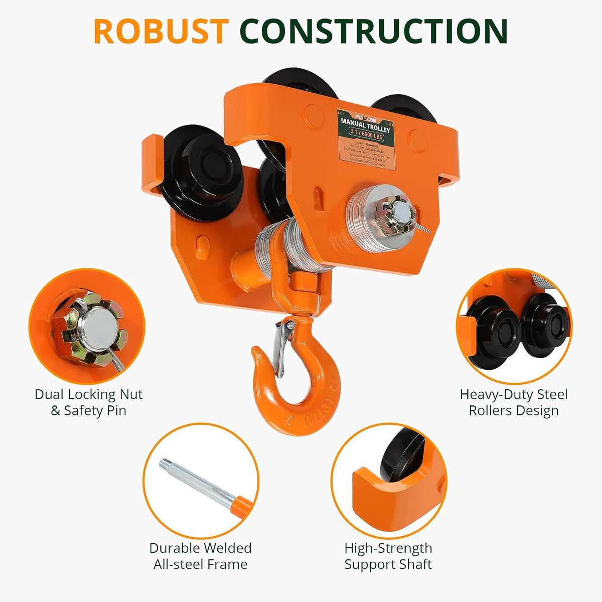 Push Beam Trolley 3 Ton I-Beam with Hoist Hook, Adjustable