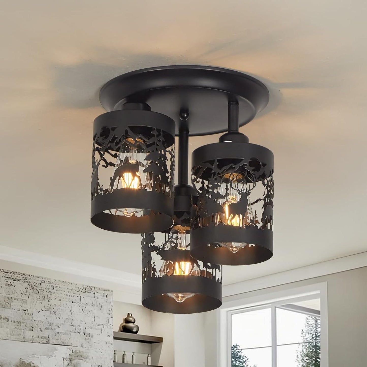 3-Light Rustic Farmhouse Semi Flush Mount Ceiling Light Fixture | Deer & Forest Design, Black Metal Shades, E26 Base