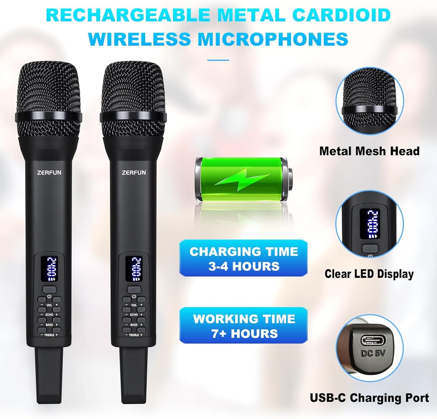 Rechargeable Wireless Microphones 4, Pro Handheld Cordless Mics System Dynamic with Echo Treble BASS VOL Contr