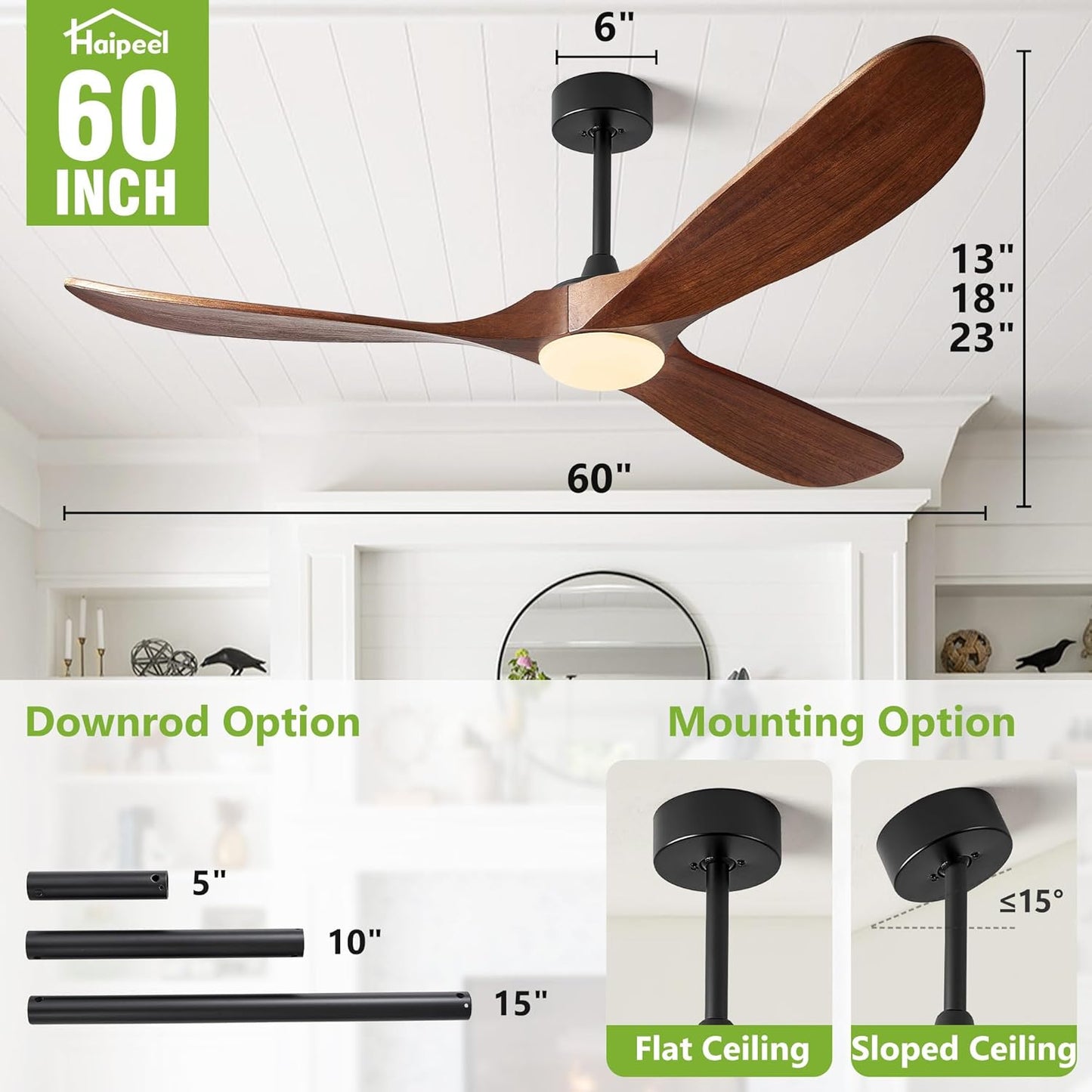 Ceiling Fans with Lights, 60 Inch Solid Wood Propeller Ceiling Fans with Lights and Remote Control Outdoor Ceiling Fan for Patios Indoor Living Room