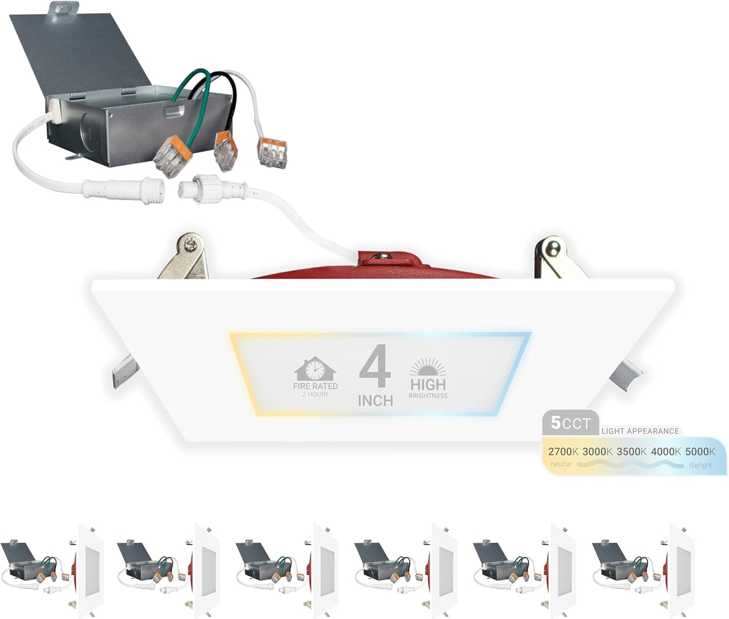 NUWATT 4 Inch 2 Hour FIRE Rated LED Recessed Light, 5CCT 2700K/3000K/3500K/4000K/5000K Selectable, 900 Lumen, Dimmable, IC Rated, Square Ultra-Thin