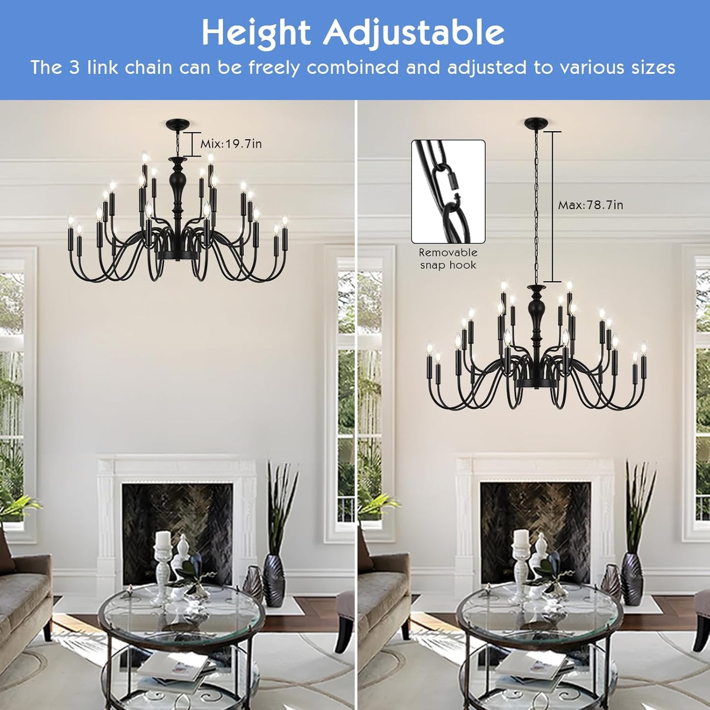 Farmhouse Dining Room Black Chandelier, Modern 24 Light Black Large Chandelier 3 Tier Design, Height Adjustable for High Ceiling Lighting Fixtures in