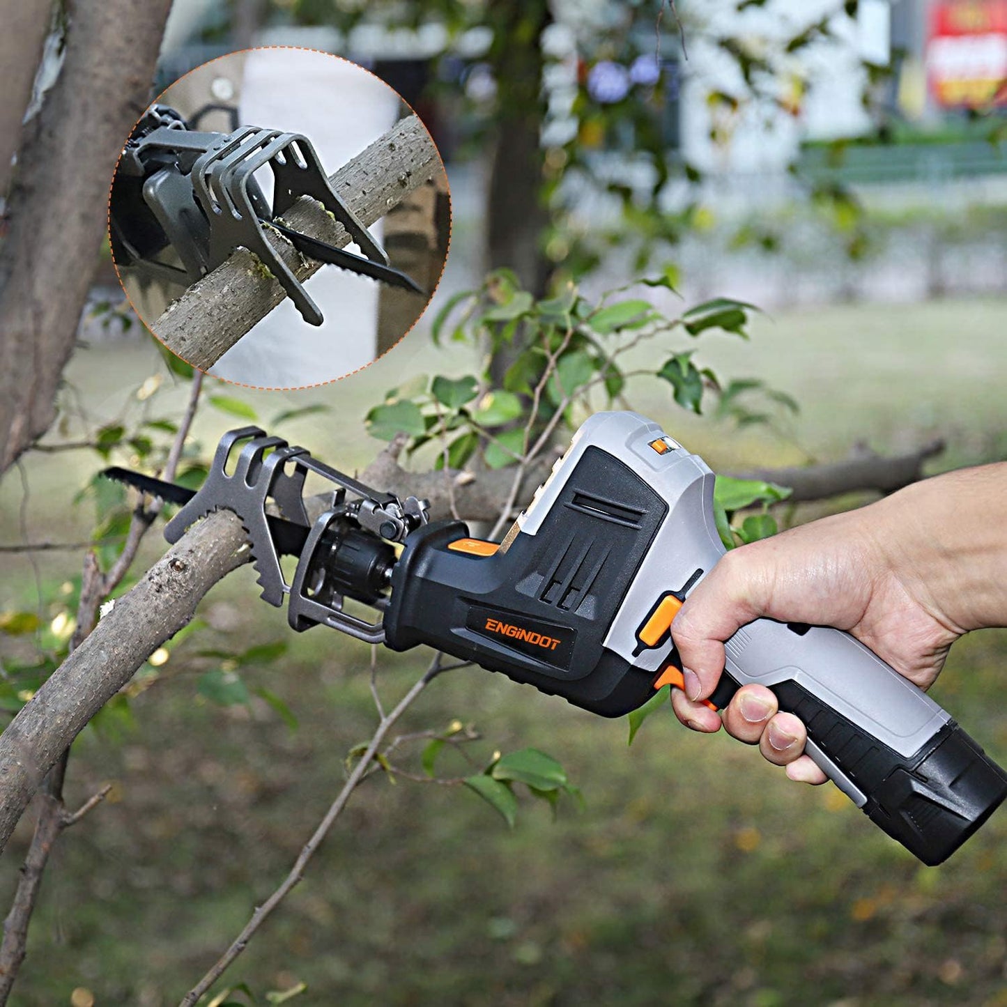 ENGINDOT 12V Cordless Reciprocating Saw with Clamping Jaw, One-Handed, Battery Indicator, Step-less Variable Speed, 1.5A Lithium-Ion Battery, 1 Hour