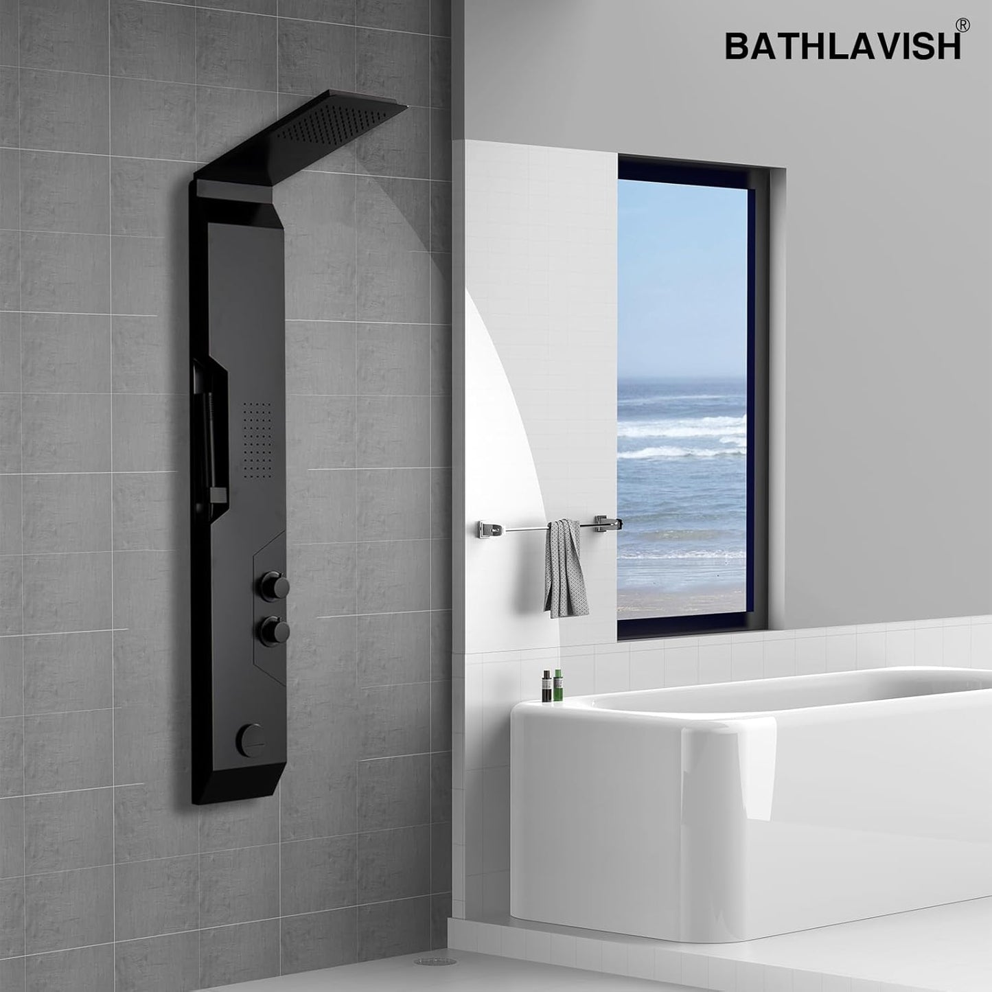 BATHLAVISH Black Shower Panels System, Shower Tower 304 Stainless Steel with Rainfall Shower Head with Handheld Massage Body Jets Bathroom Matte