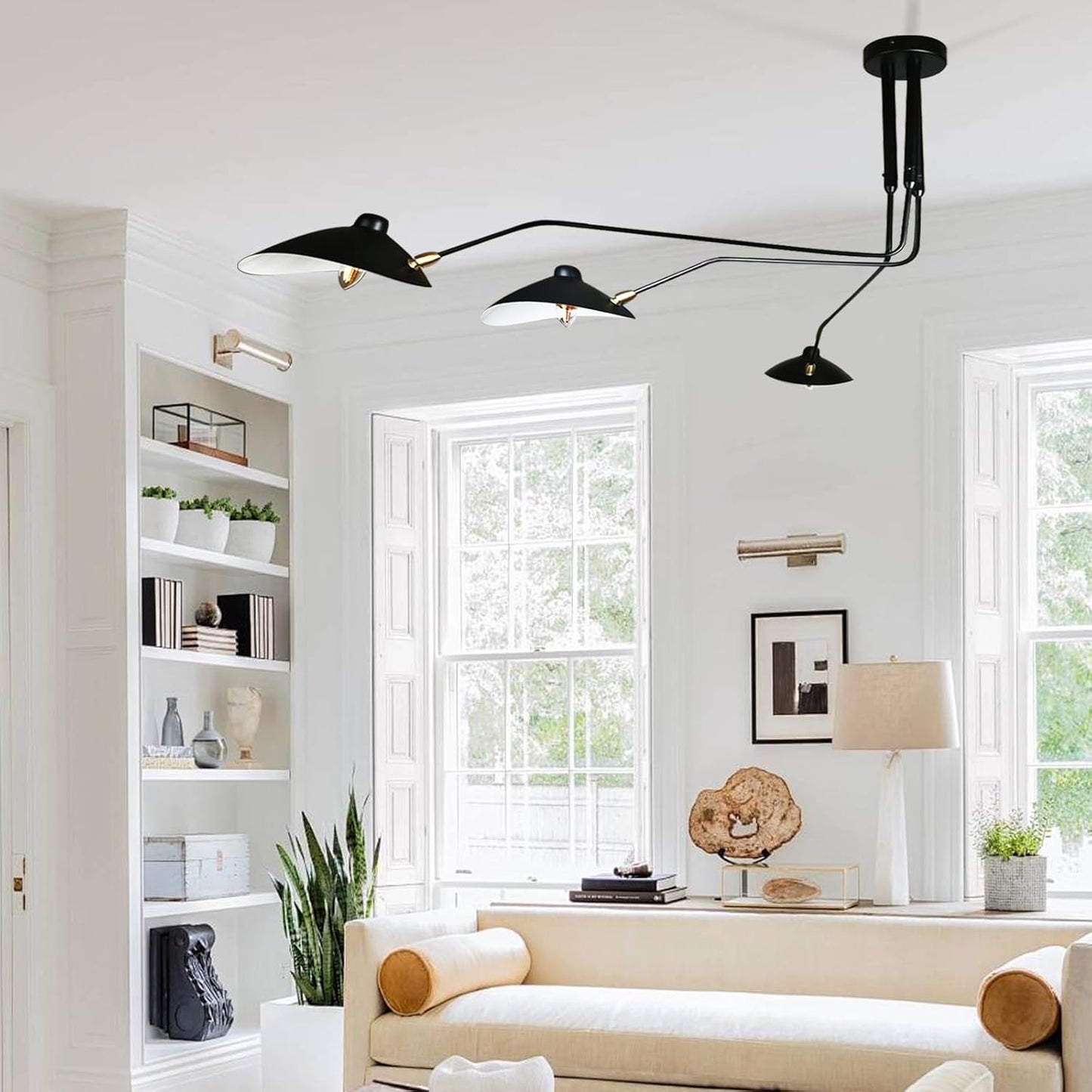 63' Mid-Century Modern Chandelier, Matt Black Adjustable 3-Arms Large Pendant Lighting Fixture