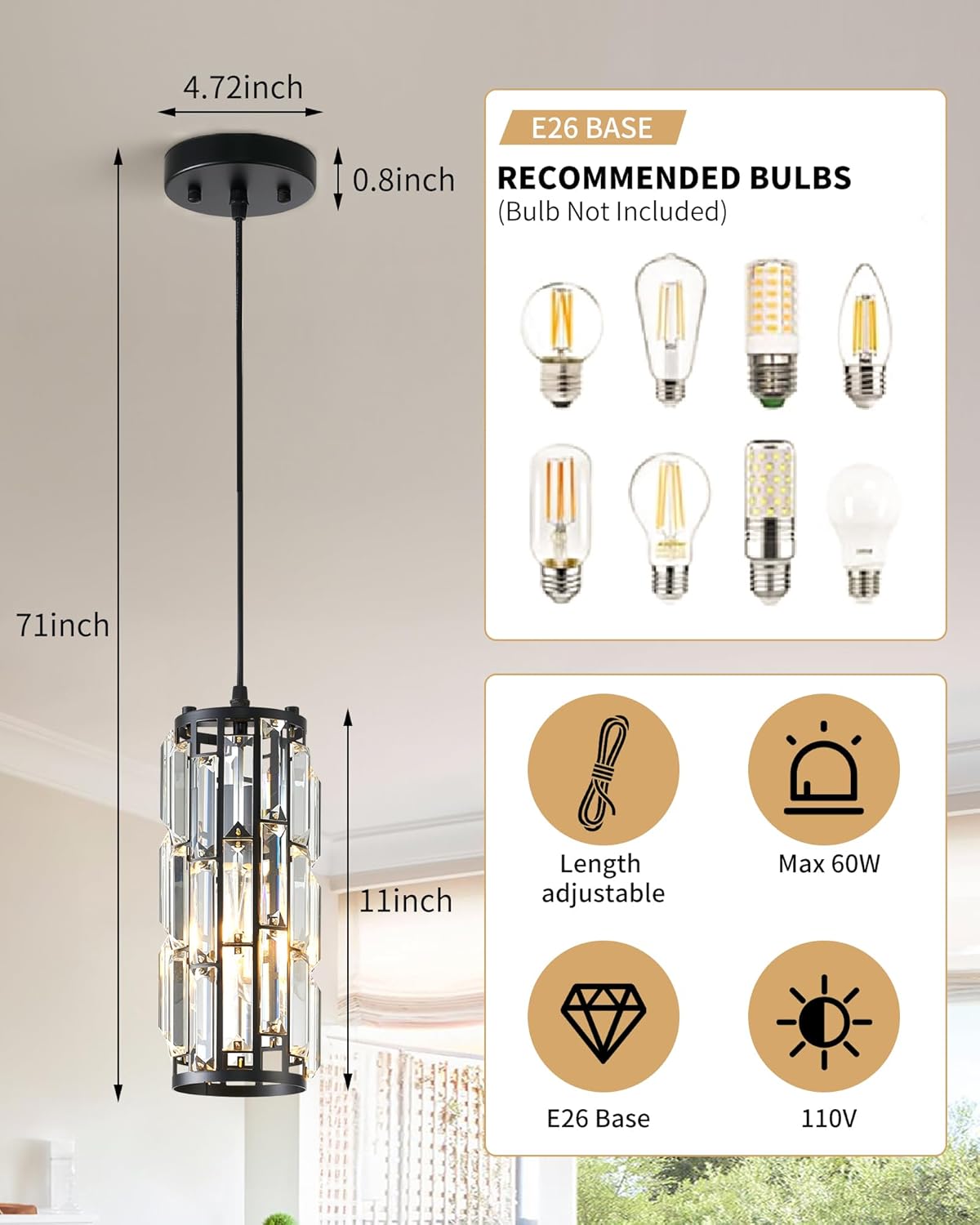 Eiehg Pendant Lights Kitchen Island, Modern Black Pendant Light Fixture, Crystal Mini Pendant Lights for Kitchen Island Dinning Room Bedroom Hallway