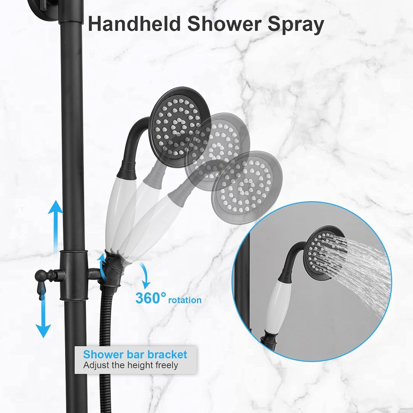 Bathfinesse Outdoor Shower Faucet Set, Exposed Pipe Shower with 3 Function Adjustable Shower Head Hand Spray and Tub Spout, Double Knobs Cross Handle