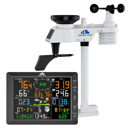 Wireless Weather Station with Outdoor Wireless Sensor, Atomic Clock, Rain Gauge, Wind Speed/Direction, Moon Phase, Wind Chill Index, Outdoor Dew Point, Barometer (No WiFi)