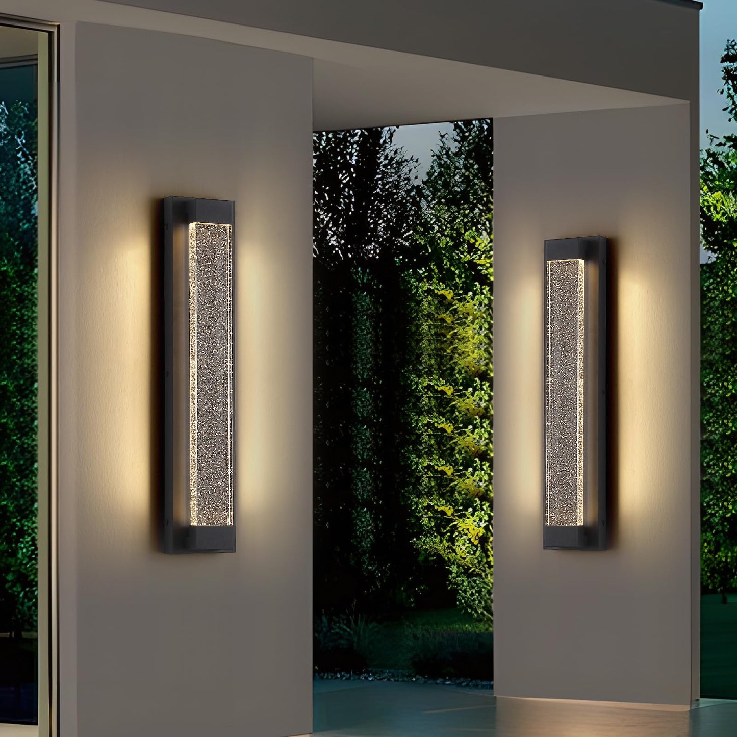 2 Pack Black Long Exterior Wall Lights, 23.6inch Bubble Crystal Outdoor Wall Sconce, 3000K Warm White, IP65 Waterproof, Minimalist LED Outside Garage Lighting for House, Fence, Balcony, Patio 3000K-Crystal 23.6inch 2