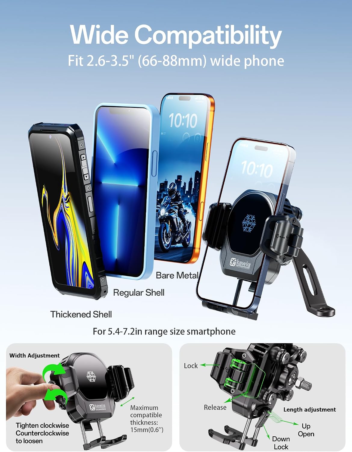 Kewig All Metal Motorcycle Cooling Phone Mount with Wireless & PD Charger | Qi2 15W & USB-C 36W, with Vibration Dampener, 1S Locking Motorcycle Rear-View Mirror Cellphone Holder for 5.4-7.2" Smartphone