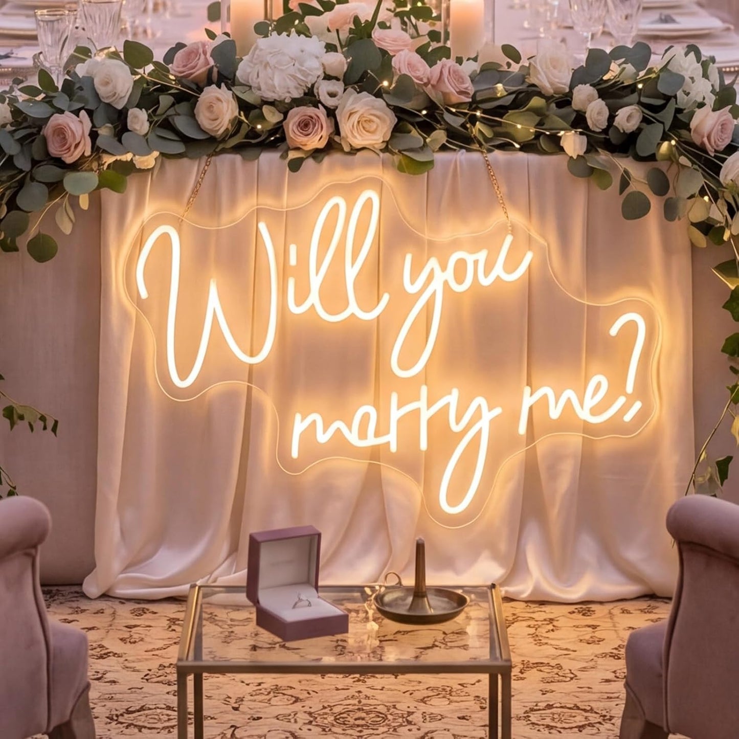 Will You Marry Me Neon Sign 31" x 20.9" LED Light Up Letters | Acrylic Sign for Wedding Proposal Marriage, Engagement Party, Valentine's Day Wall Decor, Warm White Dimmable Neon Light Warm White 31" x 20.9"