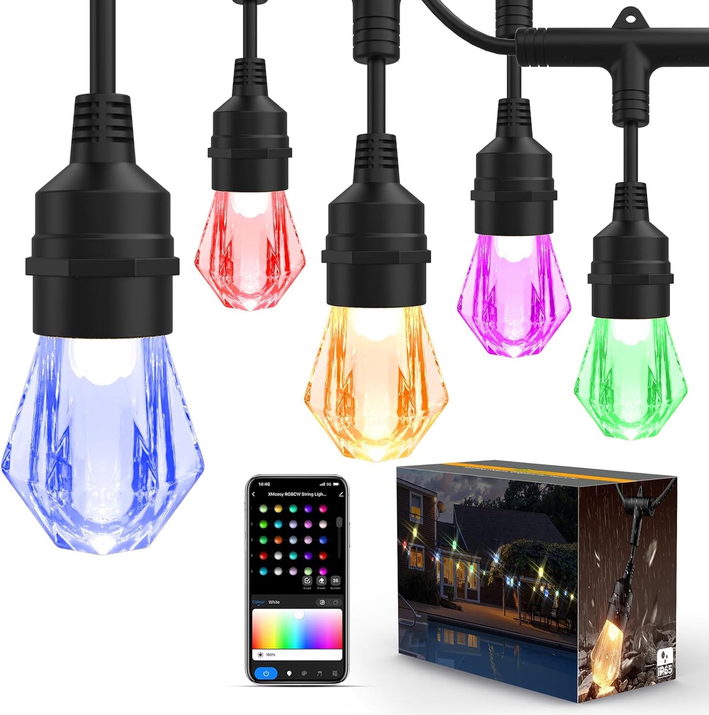 Outdoor String Lights Waterproof, 123ft LED Smart Patio Lights with 40 Shatterproof Dimmable Acrylic Lights