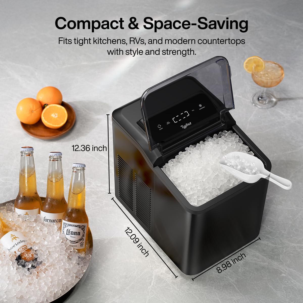 Fast Nugget Ice Maker Countertop with Self-Cleaning Pump, 35lbs/24H Crushed Pebble Ice Machine, 8 Packs Cleaner, Dual Ice Scoops for Home, Kitchen, Party, RV, Onyx Black Stainless Steel