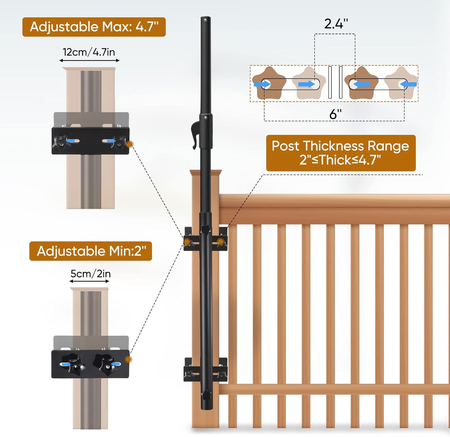 ZZM Patio Umbrella Holder Deck Umbrella Mount, Adjustable Umbrella Bracket Outdoor Attaches to Railing and Flag Pole Fixed Bracket Maximizing Patio