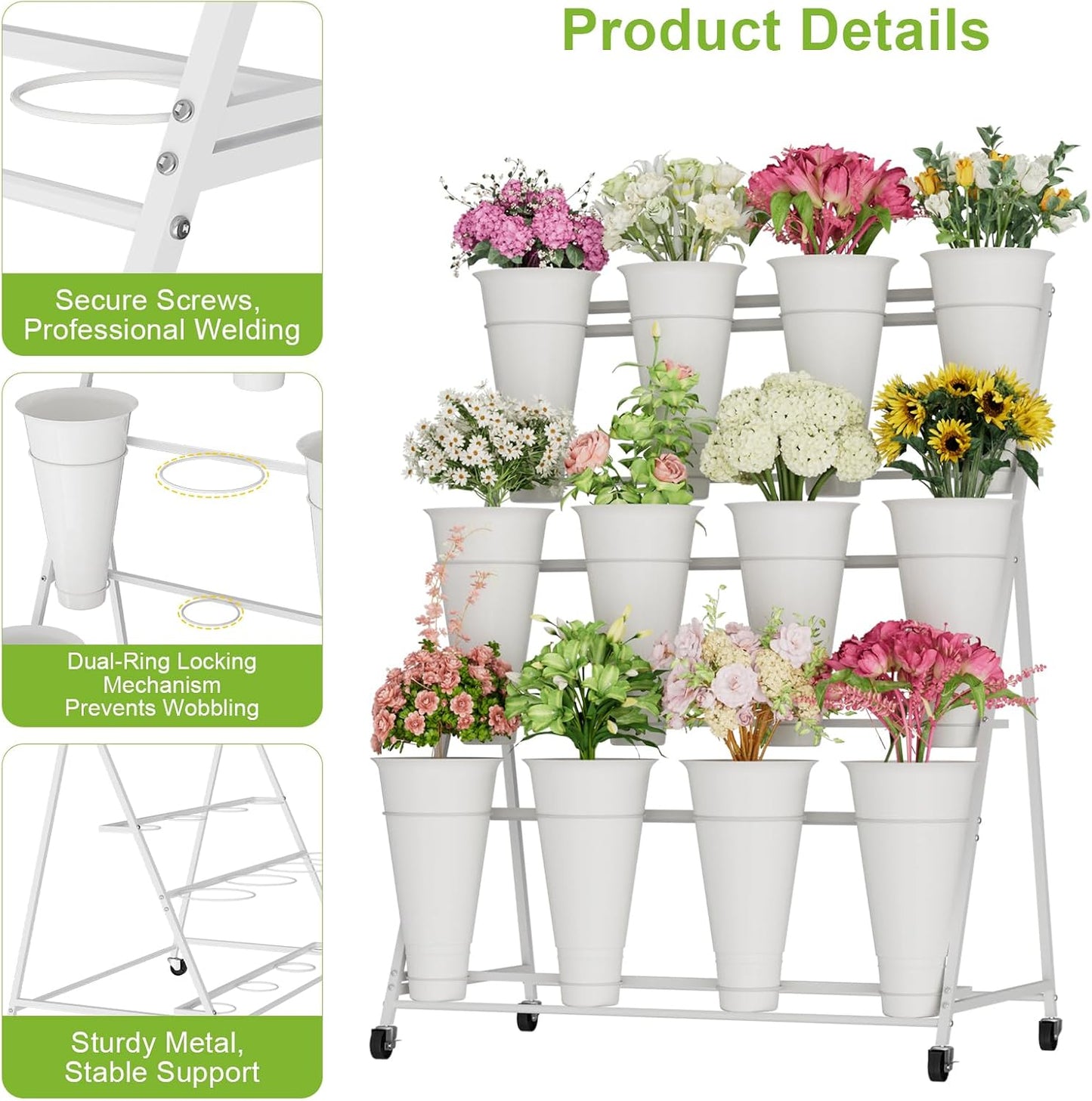 Flower Stand, 3 Tier Flower Display Stand with 12 Buckets, Upgrade Double Circle No Shaking, Outdoor Flower Cart with Wheels for Patio, Garden, Shop, Wedding, Party, Exhibition, Indoor, White