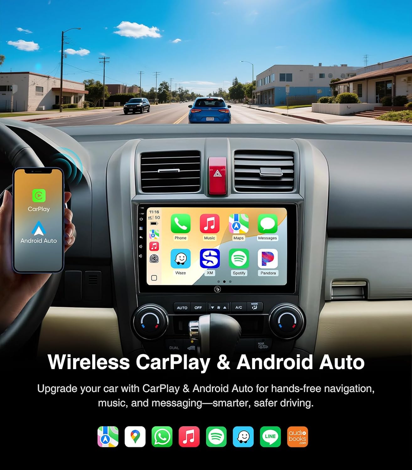 Car Radio Stereo for Honda CRV 2006-2011, Wireless CarPlay Android Auto 9 Inch Linux Touch Screen GPS Navigation Head Unit WiFi Bluetooth FM/AM