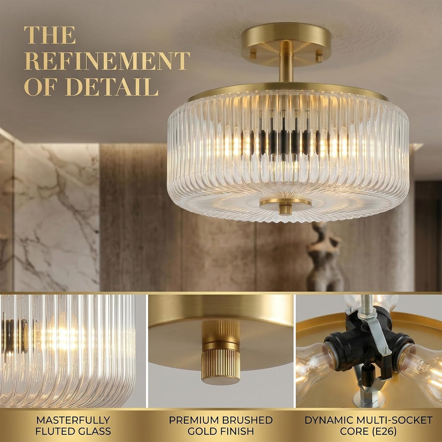 3-Light Semi Flush Mount Ceiling Light, 11.8" Modern Gold Light Fixtures Ceiling Mount with Enclosed Ribbed Clear Glass Shade, Close to Ceiling Lamp for Bedroom, Kitchen, Hallway, Entryway