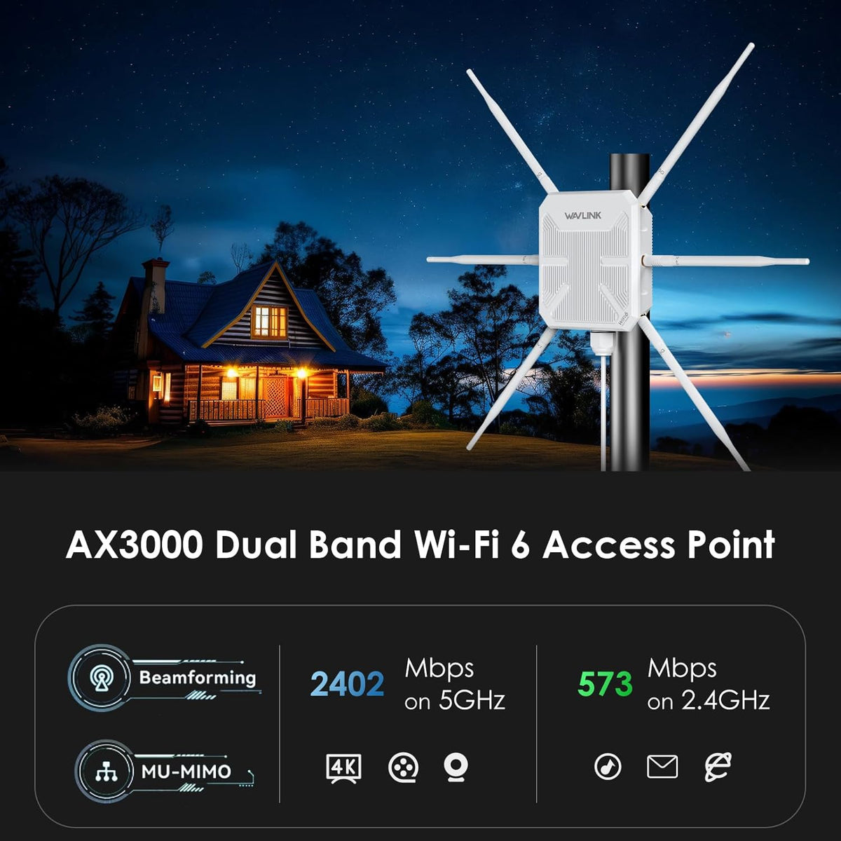 WAVLINK AX3000 Outdoor WiFi 6 Extender, Long Range WiFi Repeater, Starlink