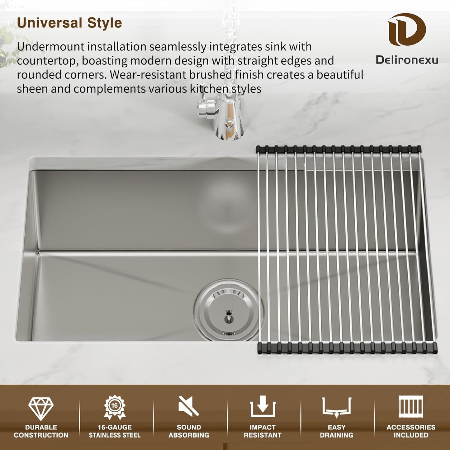 32-Inch Undermount Kitchen Sink - Delironexu Handmade 16 Gauge Stainless Steel Deep Single Bowl Sink with Brushed Finish