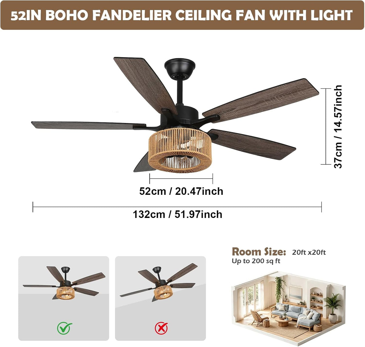 52In Boho Fandelier Ceiling Fan with Light, Hand-Woven Rattan Shade Beige