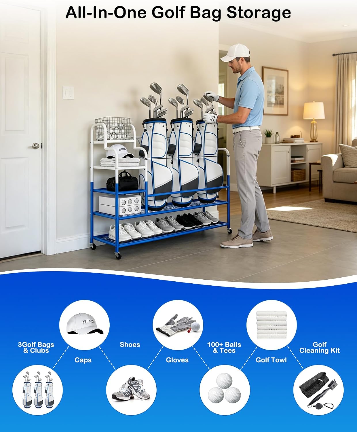 Golf Bag Storage Garage Organizer for 3 Bags, Golf Storage Rack with Wheels | 50% More Space Multi-Zone, All-In-One Compact 5-tier Upscale Sporty Heavy-Duty Rack, 4 360° Casters,Movable Basket,Golf Gifts 3 Golf Bag Rack丨50.4"(L)x15.8(W)"x44.6"(H)