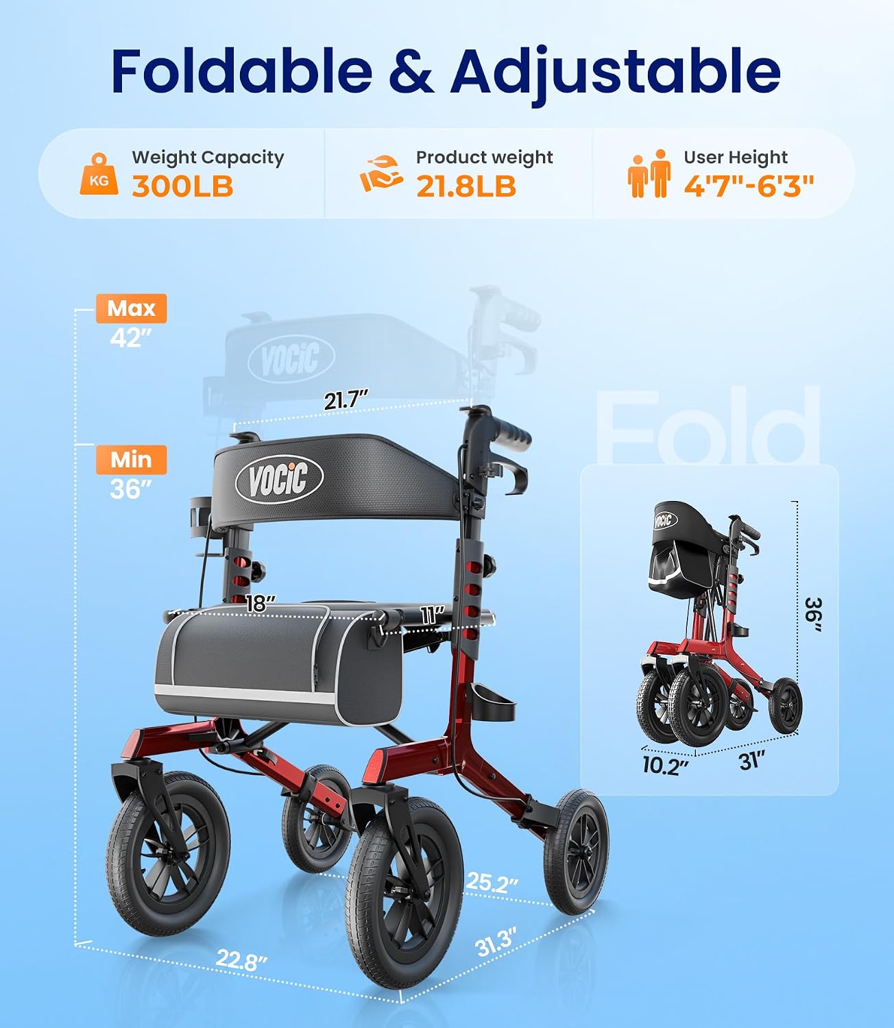 VOCIC Walker with Seat for Seniors, Z57 Outdoor Rollator Walker with 12" All Terrain Big Wheels