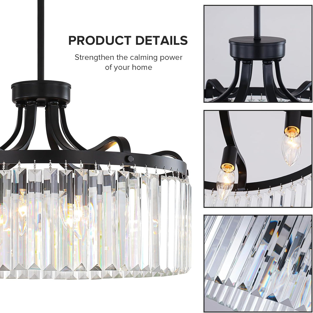 6-Light Modern Crystal Chandeliers, 20'' Black Chandeliers for Dining Room