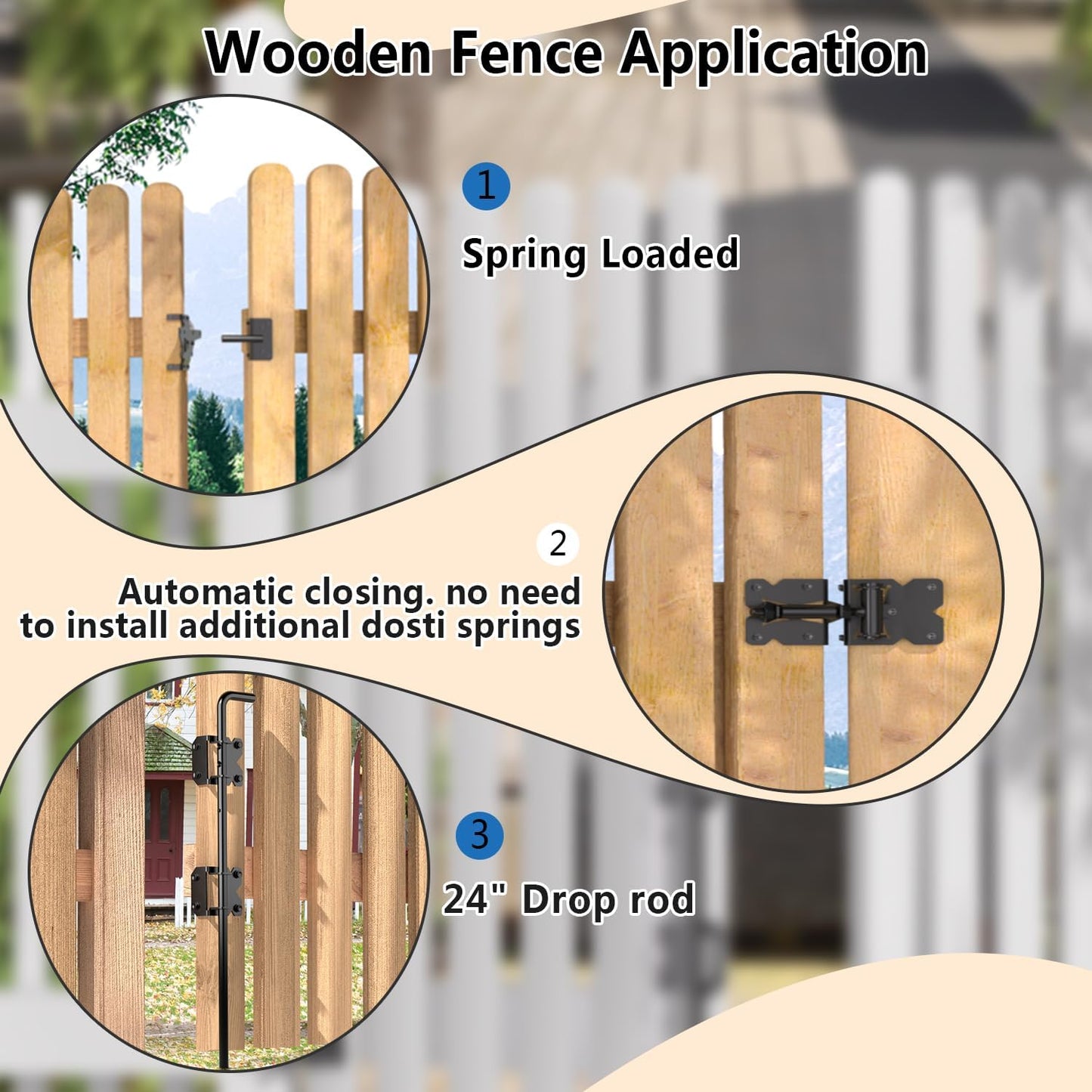 JZVXX Self Closing Fence Gate Hinges, Latch, and 24' Gate Cane Bolt - Easy to Install, Sturdy and Durable - Black Plastic Spraying - Safe and