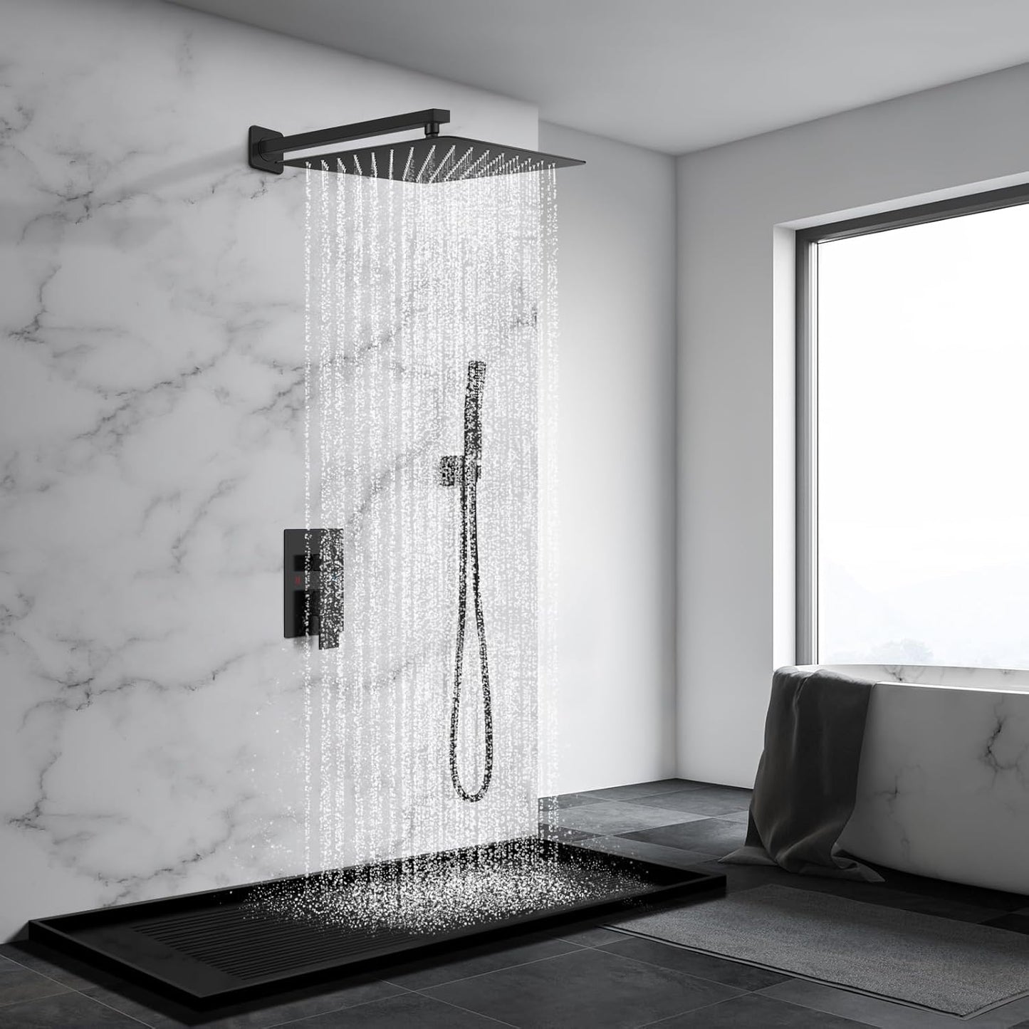 Baetuy Shower Faucet Set, 16 Inch Rainfall Shower System With full metal hand shower and square fixed shower Wall Mounted Shower Fixtures Matte Black