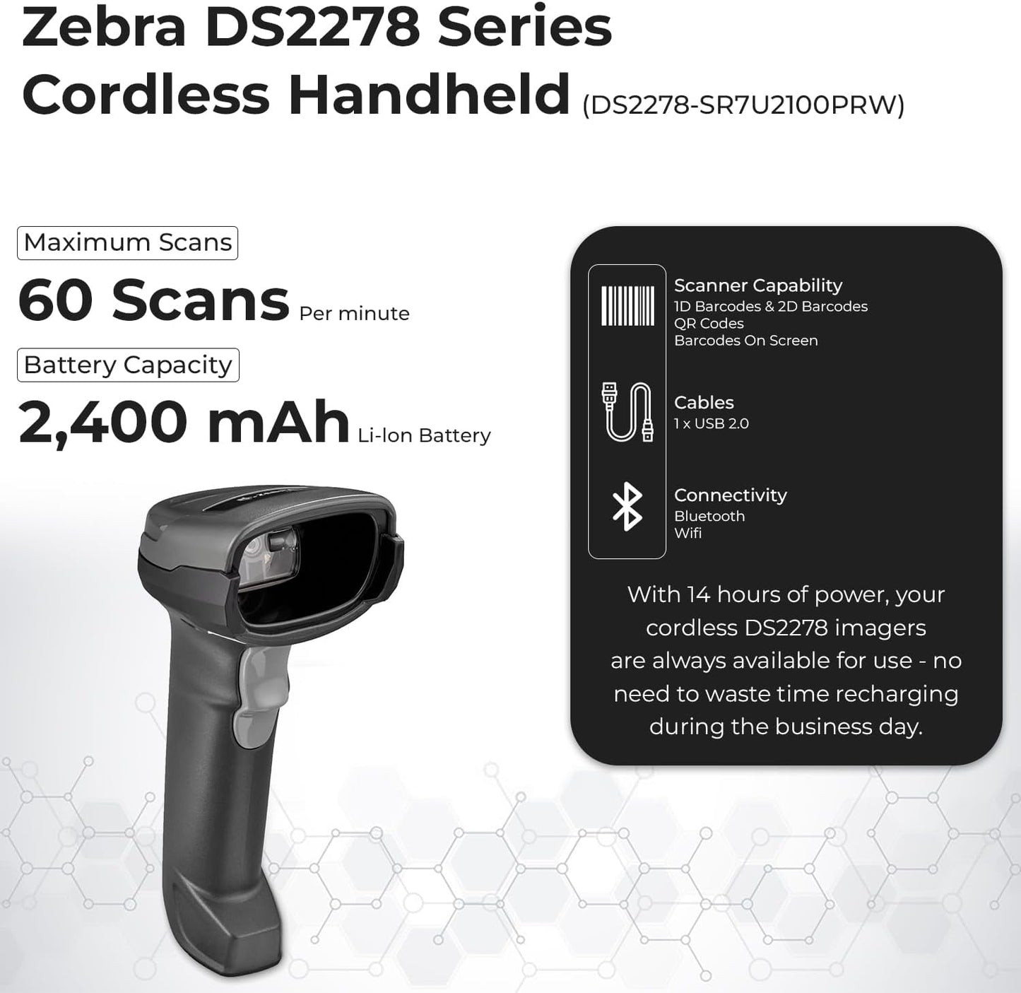 Zebra DS2278 Series Bar Code Scanners Cordless Handheld Bundle Standard Range Barcode Scanner Area Imager Kit with Presentation Cradle and USB Kit +