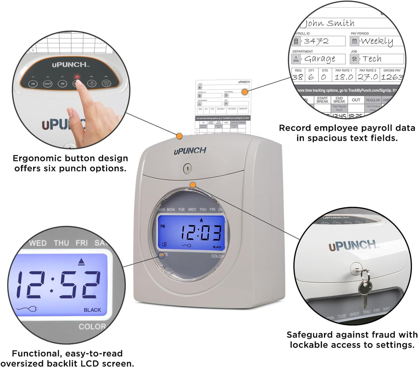 uPunch UB2300 Calculating Time Clock Bundle for Small Business: Auto Align Employee Time Tracking System with 100 Time Cards, Ribbon, and Keys